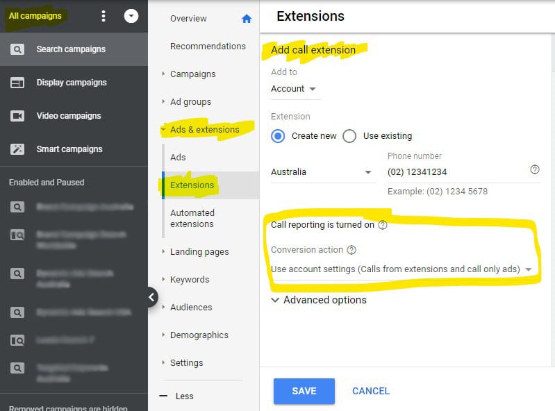 Call Extension With Conversion Tracking