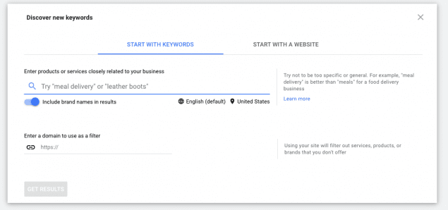 starting example from google ad keyword planner