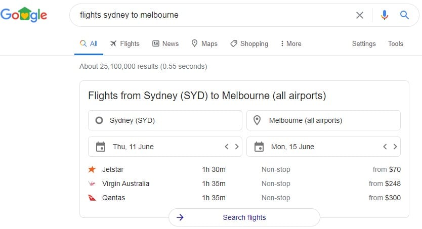 Google Search Feature - Flights